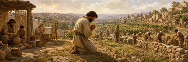 Jabez kneeling in prayer as potters, weavers, shepherds, and builders work nearby